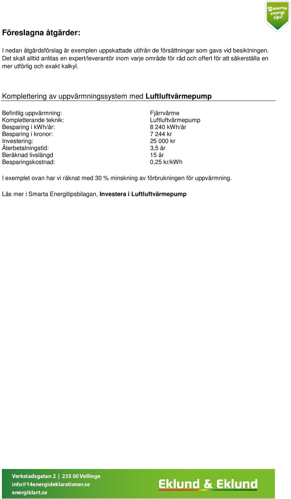 Komplettering av uppvärmningssystem med Luftluftvärmepump Befintlig uppvärmning: Kompletterande teknik: Besparing i kwh/år: Besparing i kronor: Investering: Återbetalningstid: