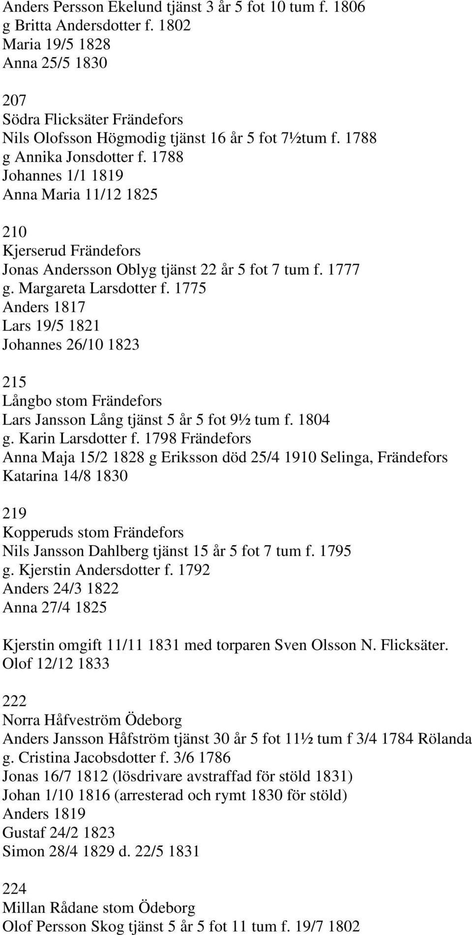 1775 Anders 1817 Lars 19/5 1821 Johannes 26/10 1823 215 Långbo stom Frändefors Lars Jansson Lång tjänst 5 år 5 fot 9½ tum f. 1804 g. Karin Larsdotter f.