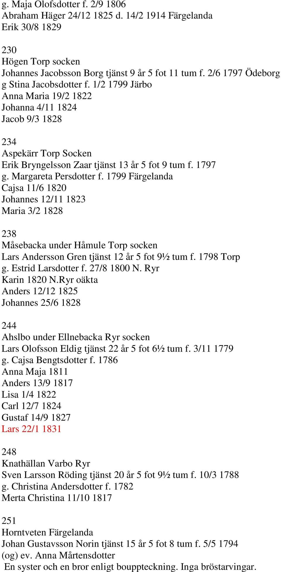 Margareta Persdotter f. 1799 Färgelanda Cajsa 11/6 1820 Johannes 12/11 1823 Maria 3/2 1828 238 Måsebacka under Håmule Torp socken Lars Andersson Gren tjänst 12 år 5 fot 9½ tum f. 1798 Torp g.