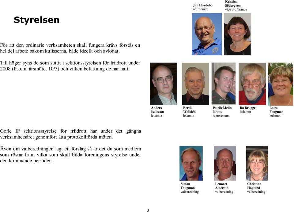 Anders Isaksson ledamot Bertil Walldén ledamot Patrik Melin Idrottsrepresentant Bo Brügge ledamot Lotta Fougman ledamot Gefle IF sektionsstyrelse för friidrott har under det gångna verksamhetsåret