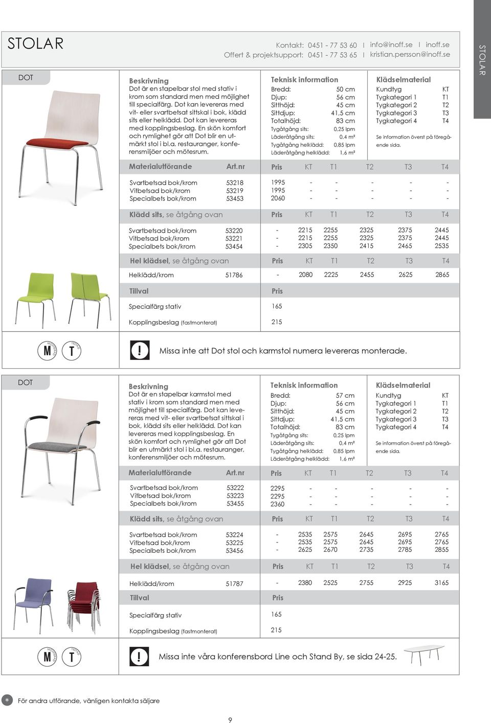 En skön komfort ygåtgång sits: 0,25 lpm och rymlighet gör att Dot blir en utmärkt Läderåtgång sits: 0,4 m² stol i bl.a. restauranger, konfe- rensmiljöer och mötesrum.