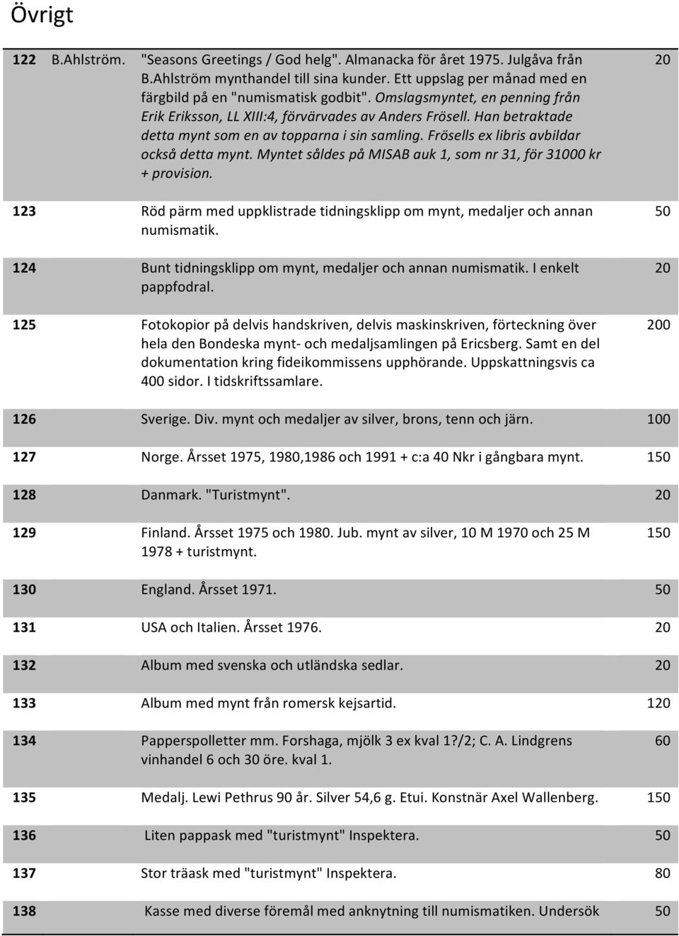 Myntet såldes på MISAB auk 1, som nr 31, för 300 kr + provision. 123 Röd pärm med uppklistrade tidningsklipp om mynt, medaljer och annan numismatik.