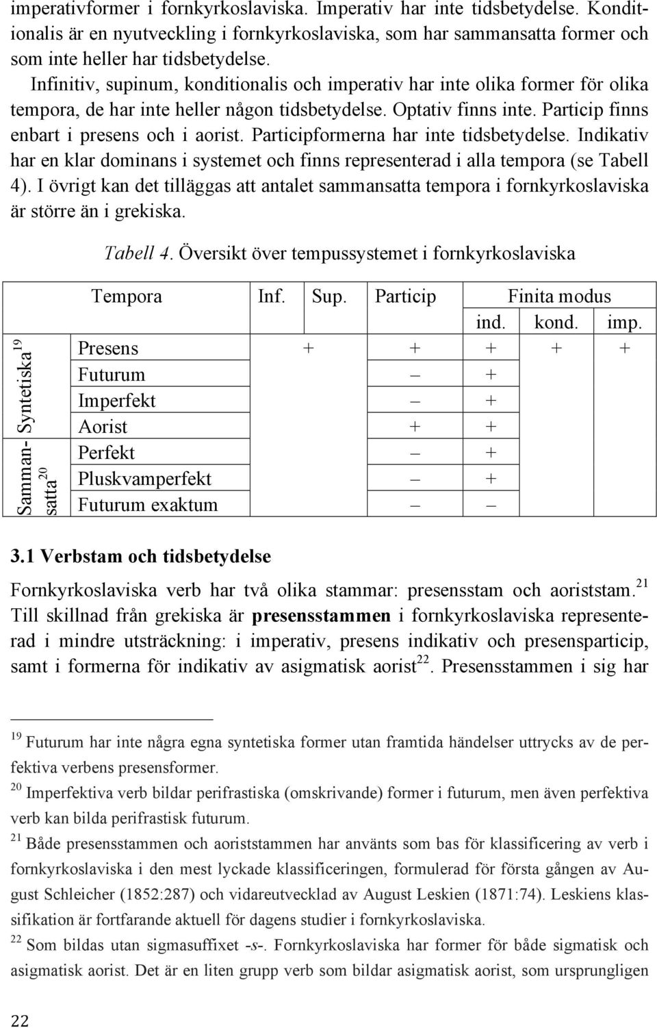 Participformerna har inte tidsbetydelse. Indikativ har en klar dominans i systemet och finns representerad i alla tempora (se Tabell 4).