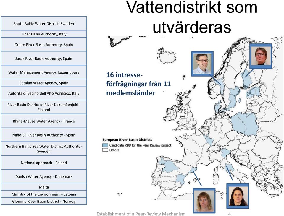 District of River Kokemäenjoki - Finland Rhine-Meuse Water Agency - France Miño-Sil River Basin Authority - Spain Northern Baltic Sea Water District Authority - Sweden