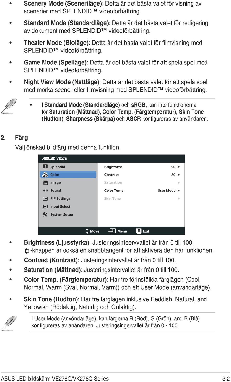 Theater Mode (Bioläge): Detta är det bästa valet för filmvisning med SPLENDID videoförbättring. Game Mode (Spelläge): Detta är det bästa valet för att spela spel med SPLENDID videoförbättring.