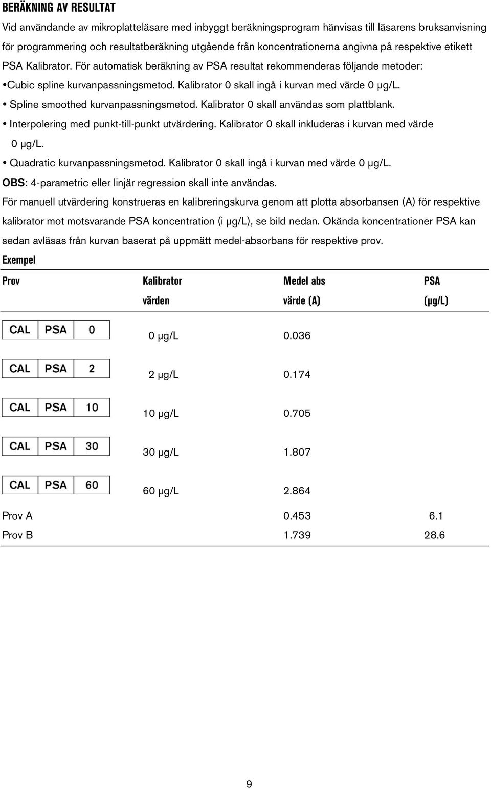 Kalibrator 0 skall ingå i kurvan med värde 0 µg/l. Spline smoothed kurvanpassningsmetod. Kalibrator 0 skall användas som plattblank. Interpolering med punkt-till-punkt utvärdering.