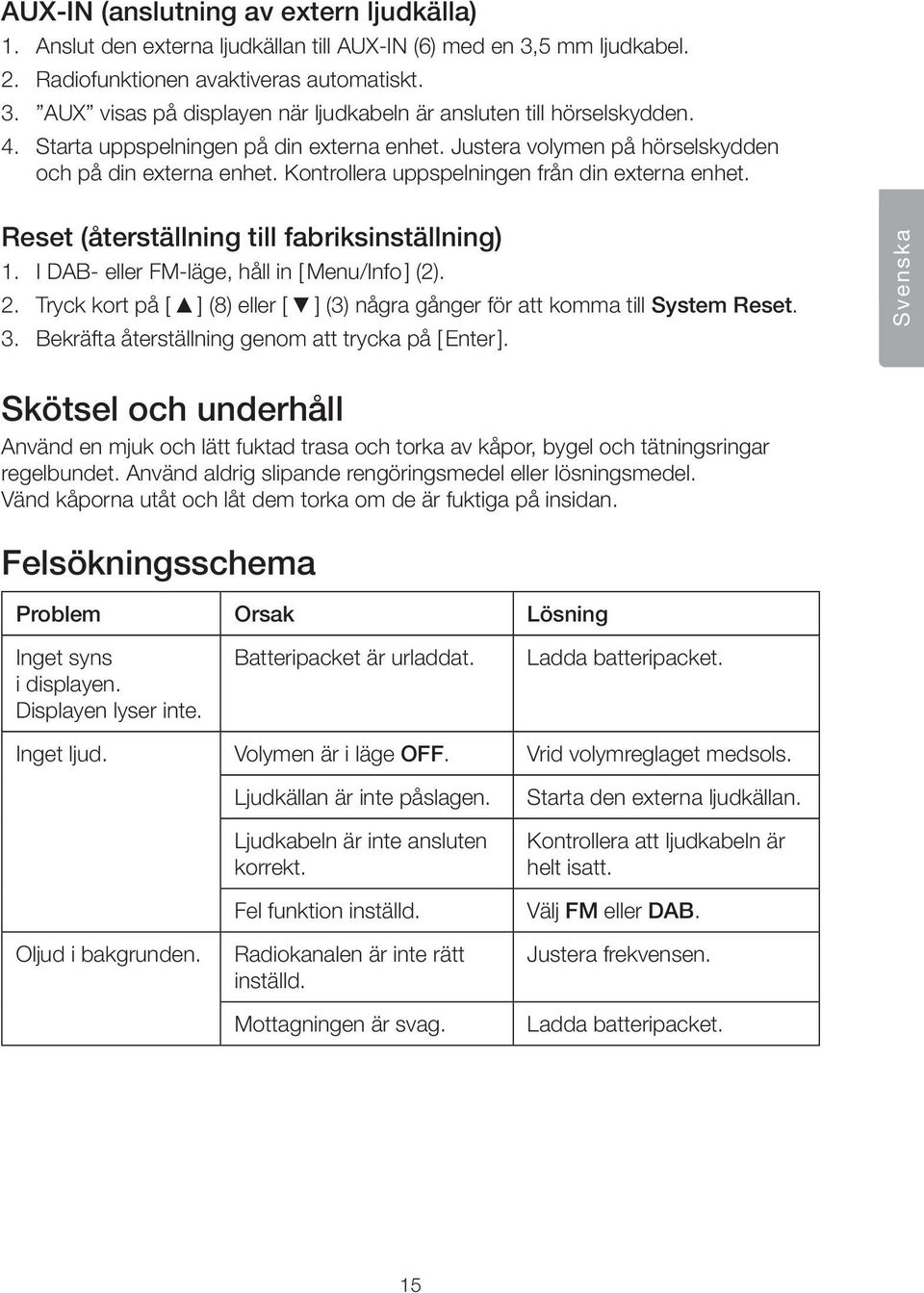 Reset (återställning till fabriksinställning) 1. I DAB- eller FM-läge, håll in [ Menu/Info ] (2). 2. Tryck kort på [ ] (8) eller [ ] (3) några gånger för att komma till System Reset. 3.