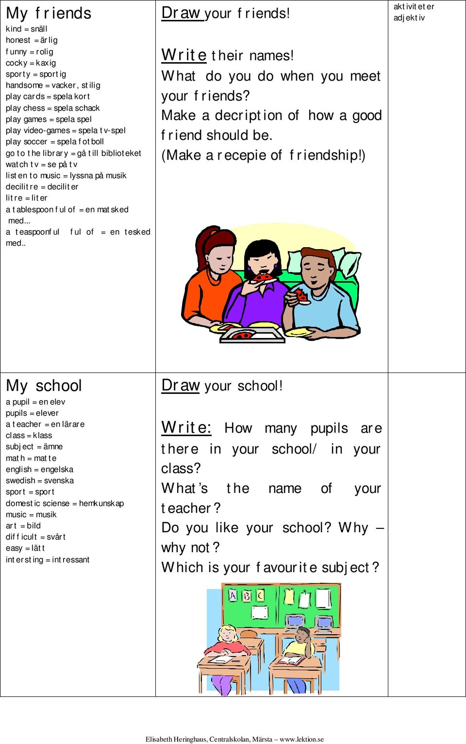 ful of = en matsked med... a teaspoonful med.. ful of = en tesked Draw your friends! Write their names! What do you do when you meet your friends? Make a decription of how a good friend should be.