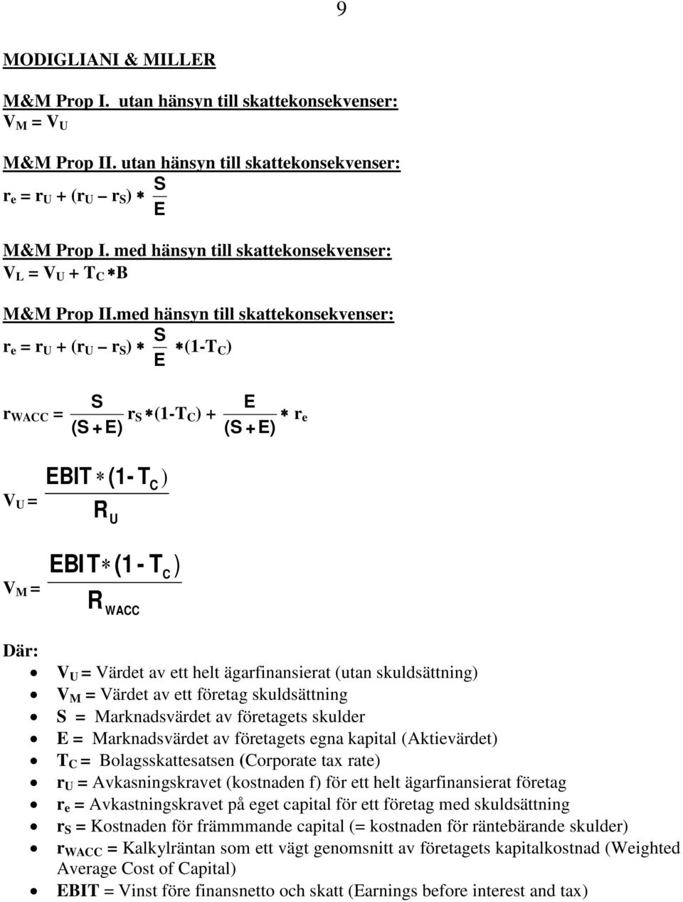 med hänsyn till skattekonsekvenser: r e = r U + (r U r S ) E S (1-TC ) r WACC = S (S +E) r S (1-T C ) + E (S +E) r e V U = V M = EBIT (1- T ) R U C EBI T (1 - T ) R WACC C Där: V U = Värdet av ett