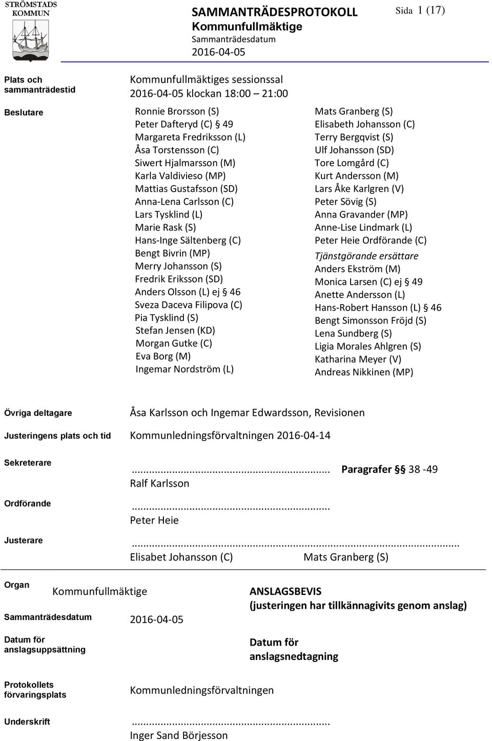 (SD) Anders Olsson (L) ej 46 Sveza Daceva Filipova (C) Pia Tysklind (S) Stefan Jensen (KD) Morgan Gutke (C) Eva Borg (M) Ingemar Nordström (L) Mats Granberg (S) Elisabeth Johansson (C) Terry