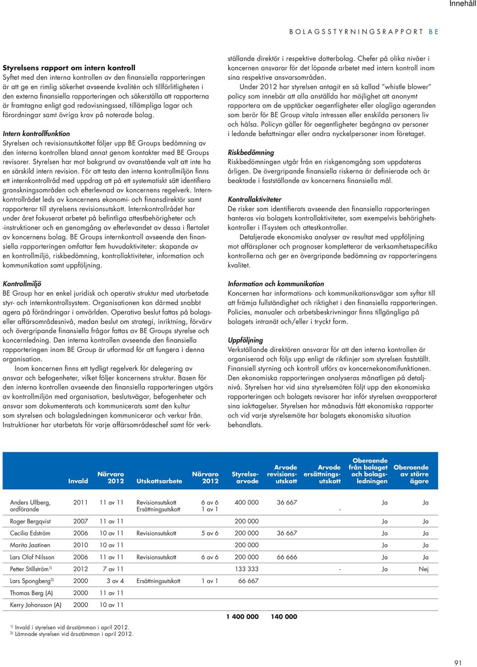 bolag. Intern kontrollfunktion Styrelsen och revisionsutskottet följer upp BE Groups bedömning av den interna kontrollen bland annat genom kontakter med BE Groups revisorer.