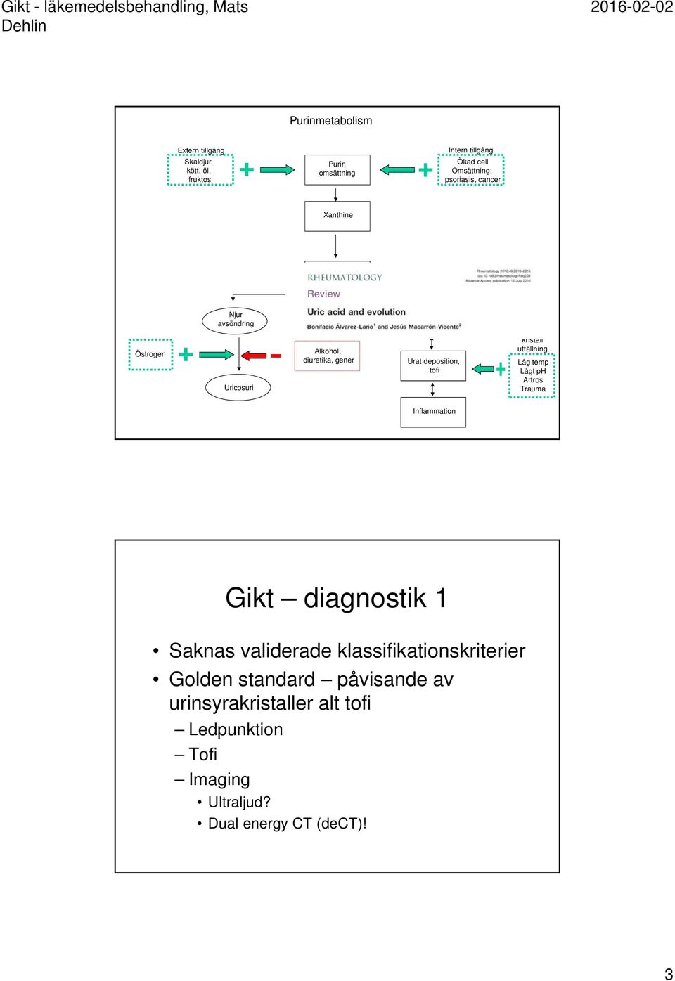 Urat deposition, tofi Minskad löslighet / kristall utfällning Låg temp Lågt ph Artros Trauma Inflammation Gikt diagnostik 1 Saknas