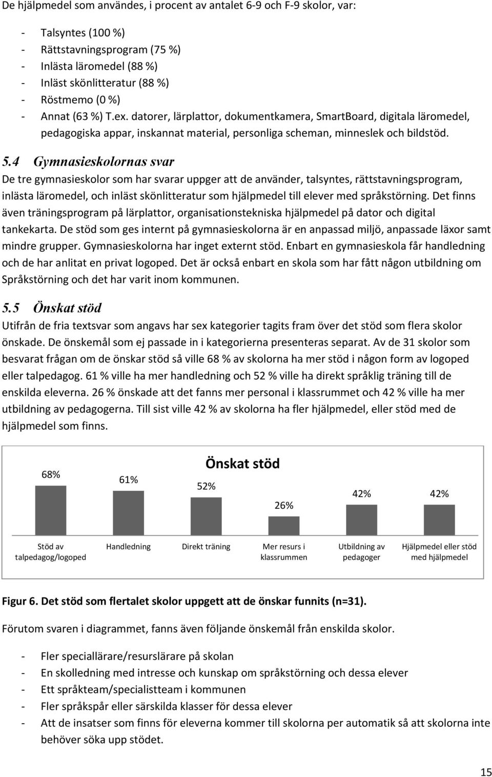 4 Gymnasieskolornas svar De tre gymnasieskolor som har svarar uppger att de använder, talsyntes, rättstavningsprogram, inlästa läromedel, och inläst skönlitteratur som hjälpmedel till elever med