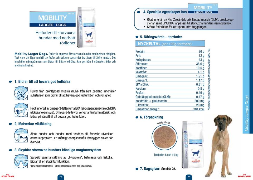 Större foderbitar för att uppmuntra tuggningen. 5. Näringsvärde torrfoder NYCKELTAL (per 100g torrfoder): LARGER DOGS MLD 26 Mobility Larger Dogs.