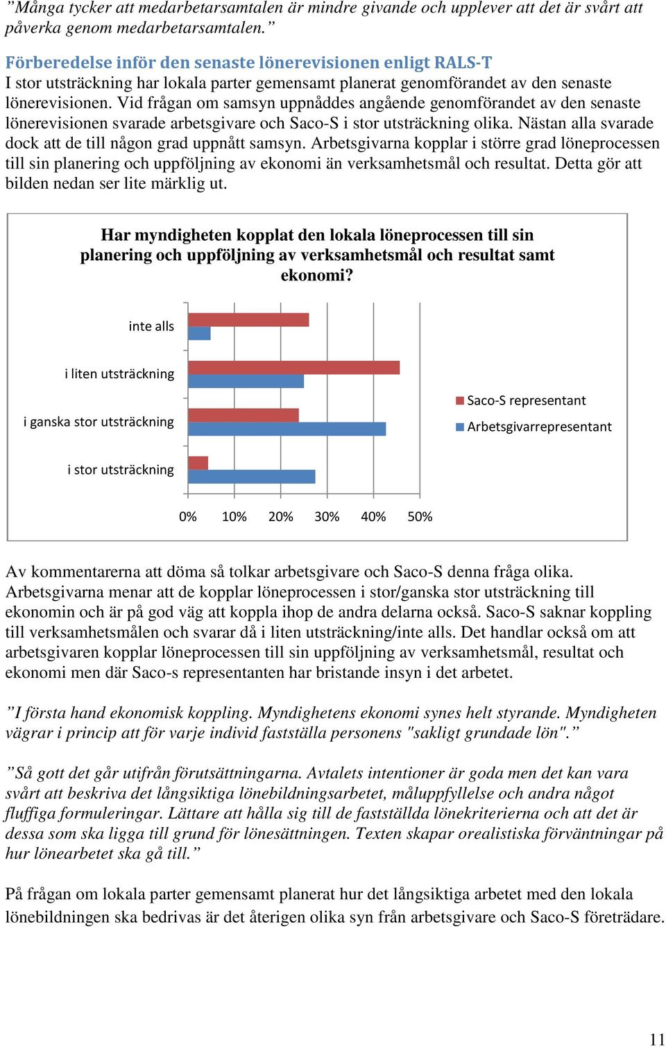 Vid frågan om samsyn uppnåddes angående genomförandet av den senaste lönerevisionen svarade arbetsgivare och Saco-S i stor utsträckning olika.