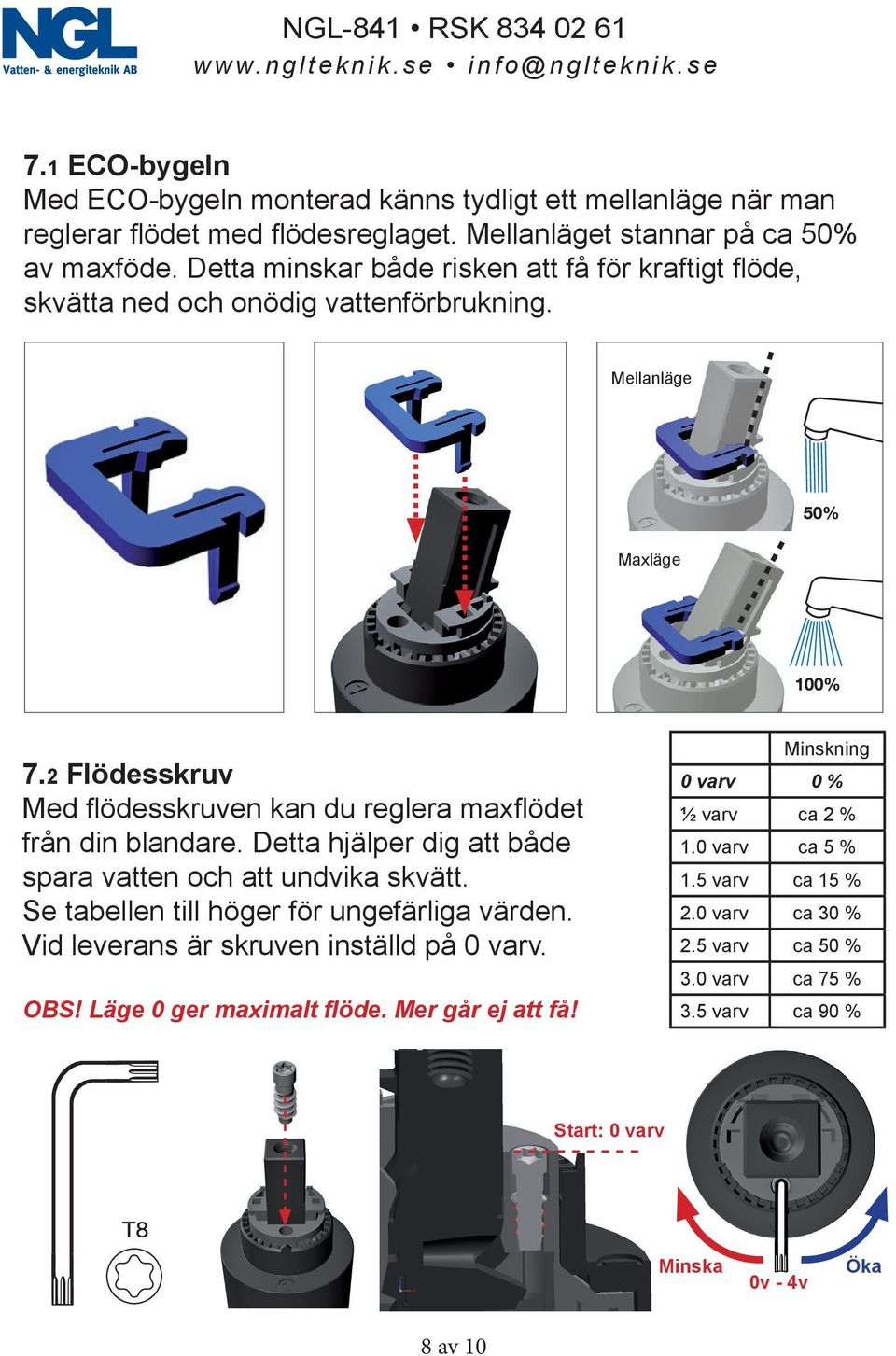 2 Flödesskruv Med flödesskruven kan du reglera maxflödet från din blandare. Detta hjälper dig att både spara vatten och att undvika skvätt.