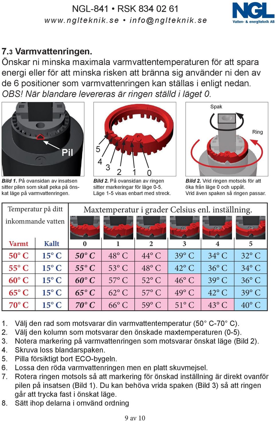 OBS! När blandare levereras är ringen ställd i läget 0. Spak Ring Pil Bild 1. På ovansidan av insatsen sitter pilen som skall peka på önskat läge på varmvattenringen. 5 4 3 2 1 0 Bild 2.
