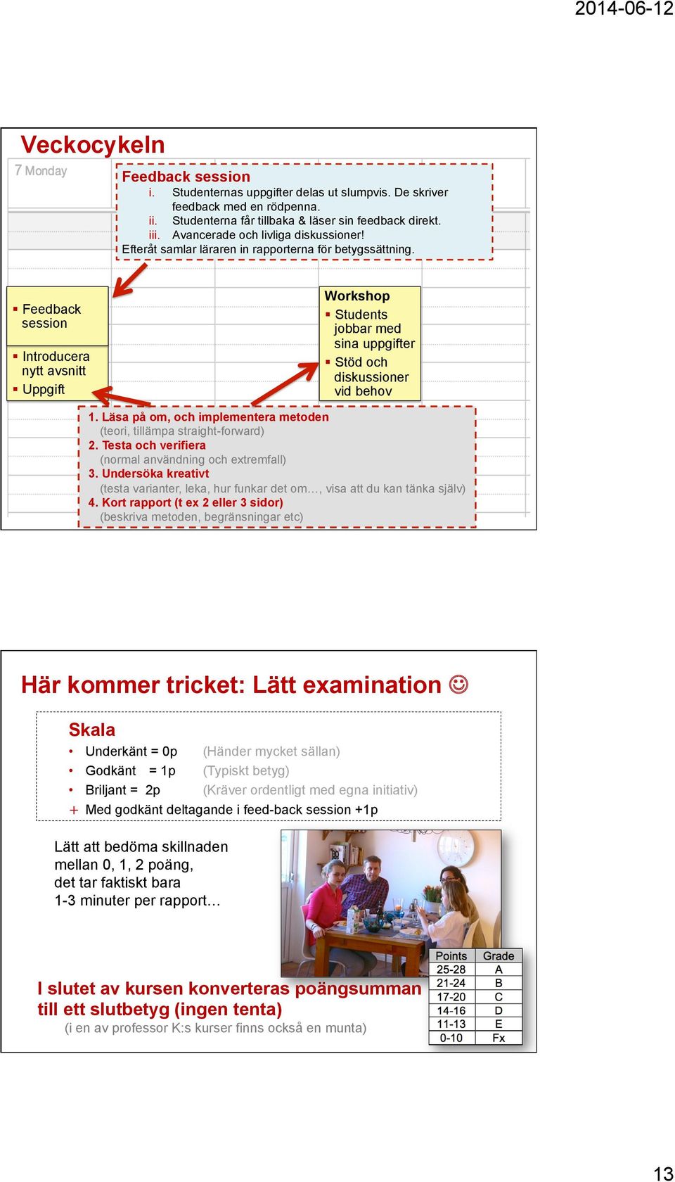 Vecka Feedback 1: session Kursintro Introducera nytt avsnitt Uppgift Workshop Students jobbar med sina uppgifter Stöd och diskussioner vid behov 1.