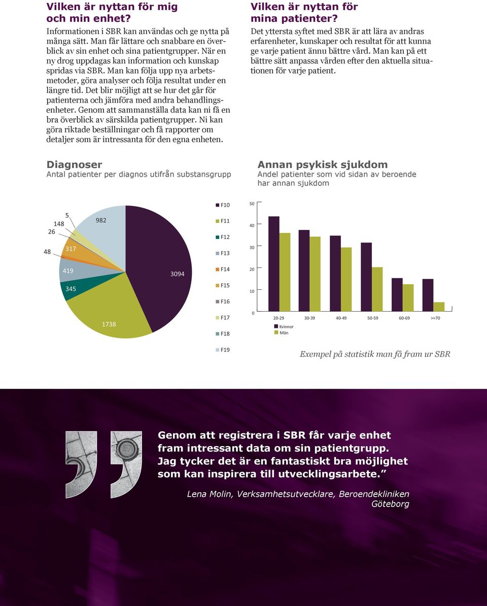 Det blir möjligt att se hur det går för patienterna och jämföra med andra behandlingsenheter. Genom att sammanställa data kan ni få en bra överblick av särskilda patientgrupper.