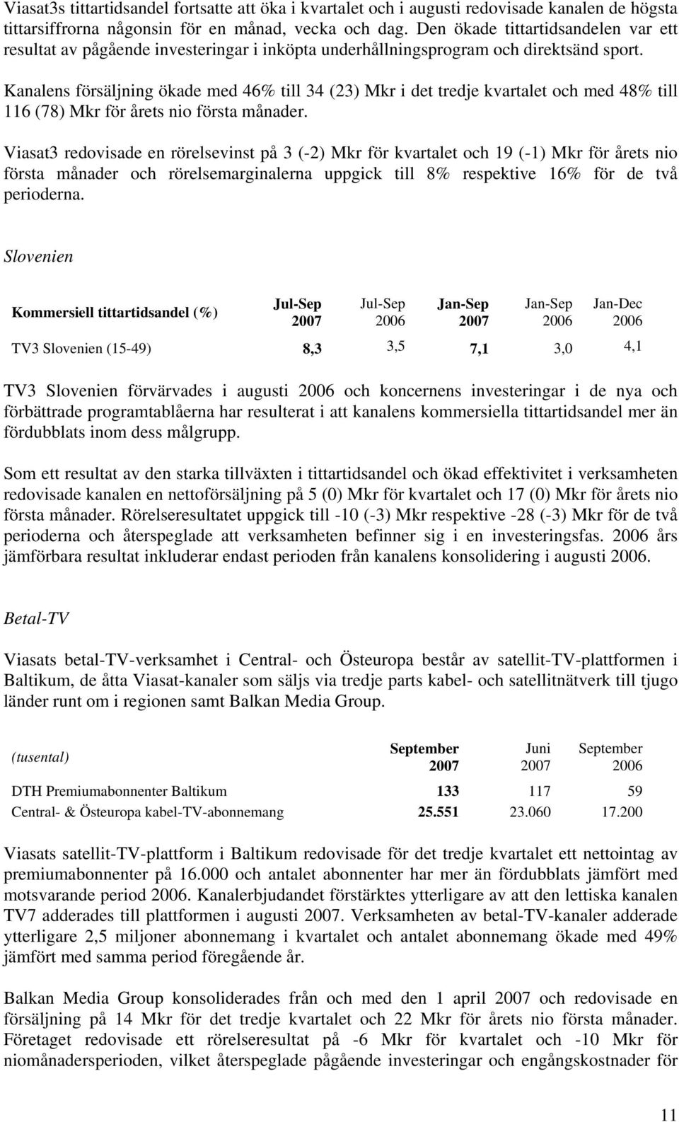 Kanalens försäljning ökade med 46% till 34 (23) Mkr i det tredje kvartalet och med 48% till 116 (78) Mkr för årets nio första månader.