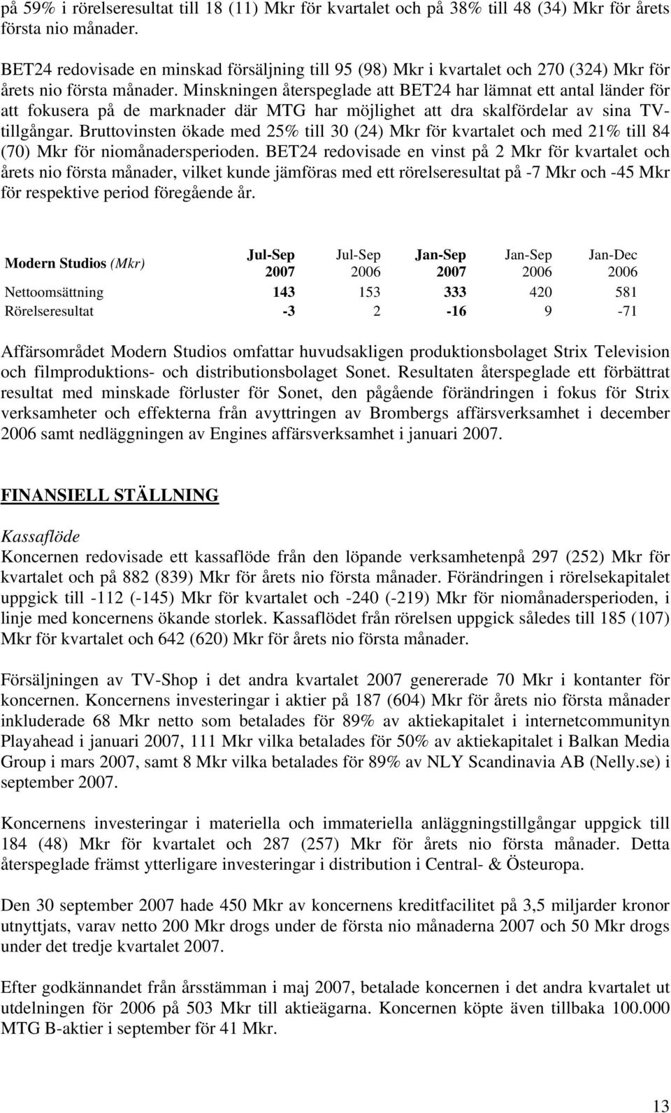 Minskningen återspeglade att BET24 har lämnat ett antal länder för att fokusera på de marknader där MTG har möjlighet att dra skalfördelar av sina TVtillgångar.