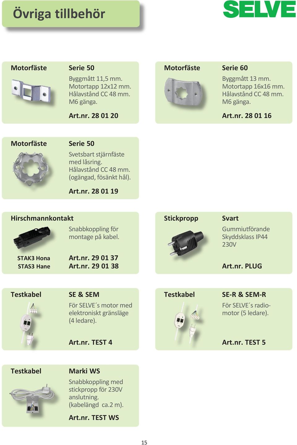 STAK3 Hona Art.nr. 29 01 37 STAS3 Hane Art.nr. 29 01 38 Stickpropp Svart Gummiutförande Skyddsklass IP44 230V Art.nr. PLUG Testkabel SE & SEM Testkabel SE-R & SEM-R För SELVE s motor med elektroniskt gränsläge (4 ledare).