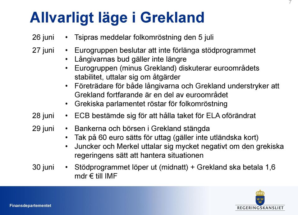 parlamentet röstar för folkomröstning 28 juni ECB bestämde sig för att hålla taket för ELA oförändrat 29 juni Bankerna och börsen i Grekland stängda Tak på 60 euro sätts för uttag (gäller inte