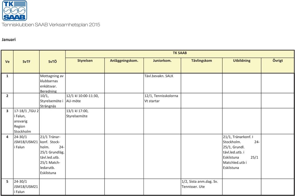 Stockholm. 24-25/1 Grundläg. tävl.led.utb. 25/1 Matchledarutb. Eskilstuna 12/1 kl 10:00-11:30, AU-möte 13/1 kl 17:00, Styrelsemöte Tävl.bevakn.