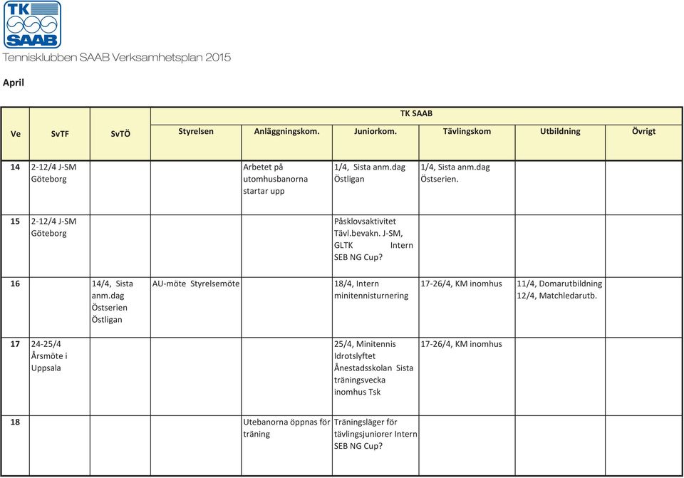 dag Östserien Östligan AU-möte Styrelsemöte 18/4, Intern minitennisturnering 17-26/4, KM inomhus 11/4, Domarutbildning 12/4, Matchledarutb.