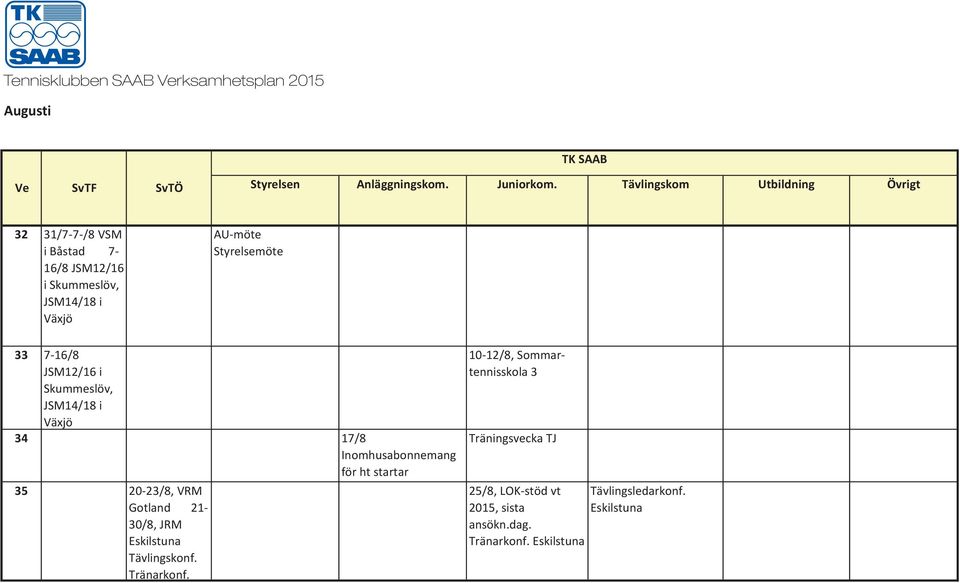 JSM12/16 i Skummeslöv, JSM14/18 i Växjö 34 17/8 Inomhusabonnemang för ht startar 35 20-23/8, VRM Gotland 21-30/8,