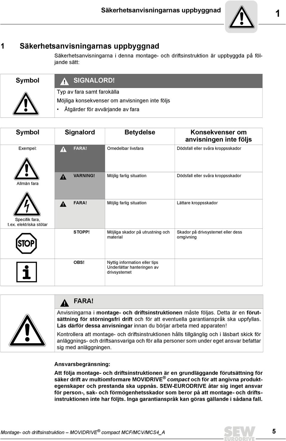 Omedelbar livsfara Dödsfall eller svåra kroppsskador Allmän fara VARNING! Möjlig farlig situation Dödsfall eller svåra kroppsskador FARA! Möjlig farlig situation Lättare kroppsskador Specifik fara, t.