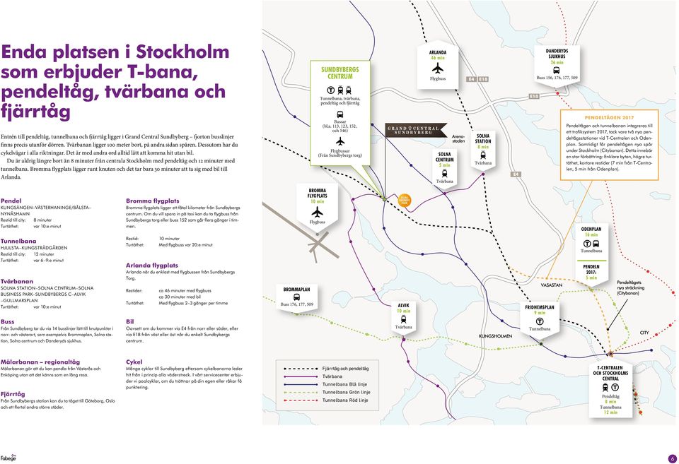 Du är aldrig längre bort än 8 minuter från centrala Stockholm med pendeltåg och 12 minuter med tunnelbana.