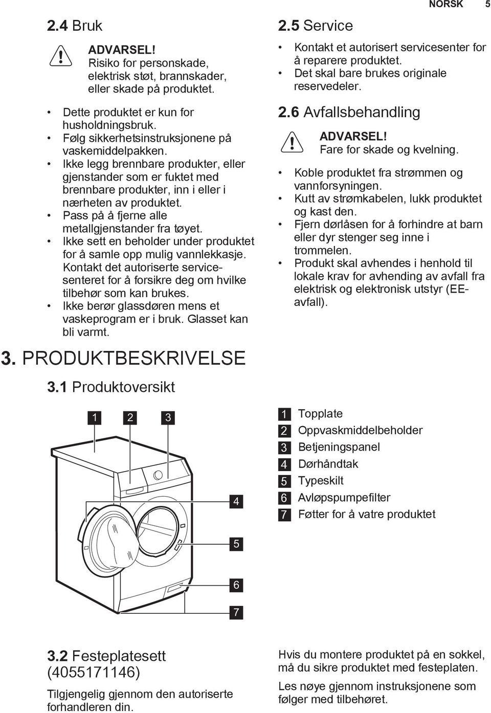 Ikke sett en beholder under produktet for å samle opp mulig vannlekkasje. Kontakt det autoriserte servicesenteret for å forsikre deg om hvilke tilbehør som kan brukes.