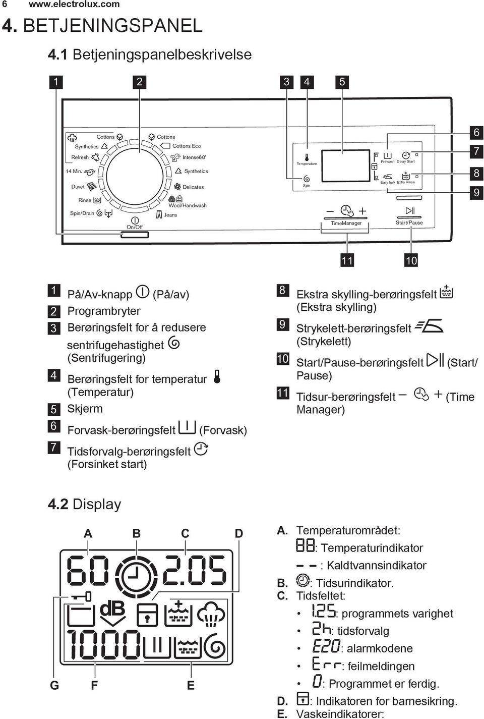 På/Av-knapp (På/av) 2 Programbryter 3 Berøringsfelt for å redusere sentrifugehastighet (Sentrifugering) 4 Berøringsfelt for temperatur (Temperatur) 5 Skjerm 6 Forvask-berøringsfelt (Forvask) 8 Ekstra