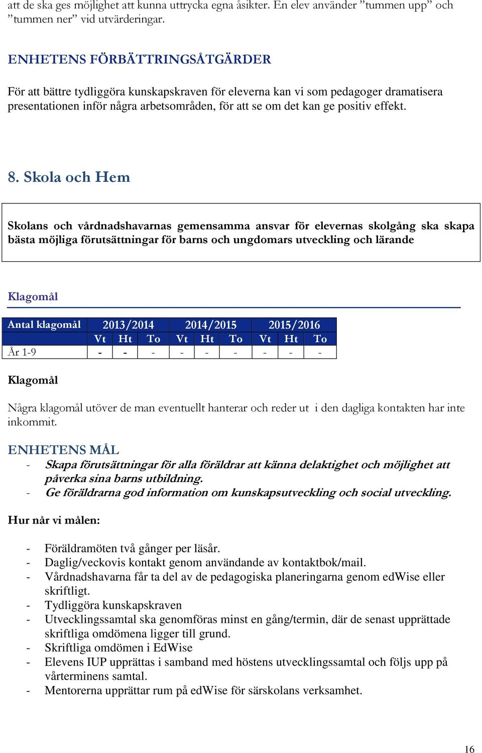 8. Skola och Hem Skolans och vårdnadshavarnas gemensamma ansvar för elevernas skolgång ska skapa bästa möjliga förutsättningar för barns och ungdomars utveckling och lärande Klagomål Antal klagomål