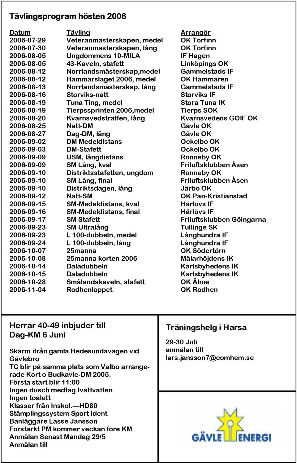 Storviks-natt Storviks IF 2006-08-19 Tuna Ting, medel Stora Tuna IK 2006-08-19 Tierpssprinten 2006,medel Tierps SOK 2006-08-20 Kvarnsvedsträffen, lång Kvarnsvedens GOIF OK 2006-08-25 Natt-DM Gävle OK