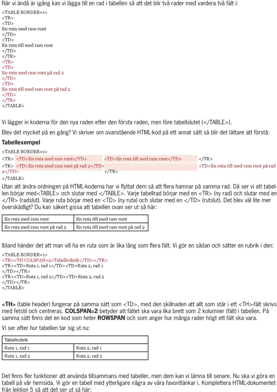 Vi skriver om ovanstående HTML-kod på ett annat sätt så blir det lättare att förstå: Tabellexempel <TABLE BORDER=1> En ruta med ram runt En ruta till med ram runt En ruta med ram runt på rad 2 En