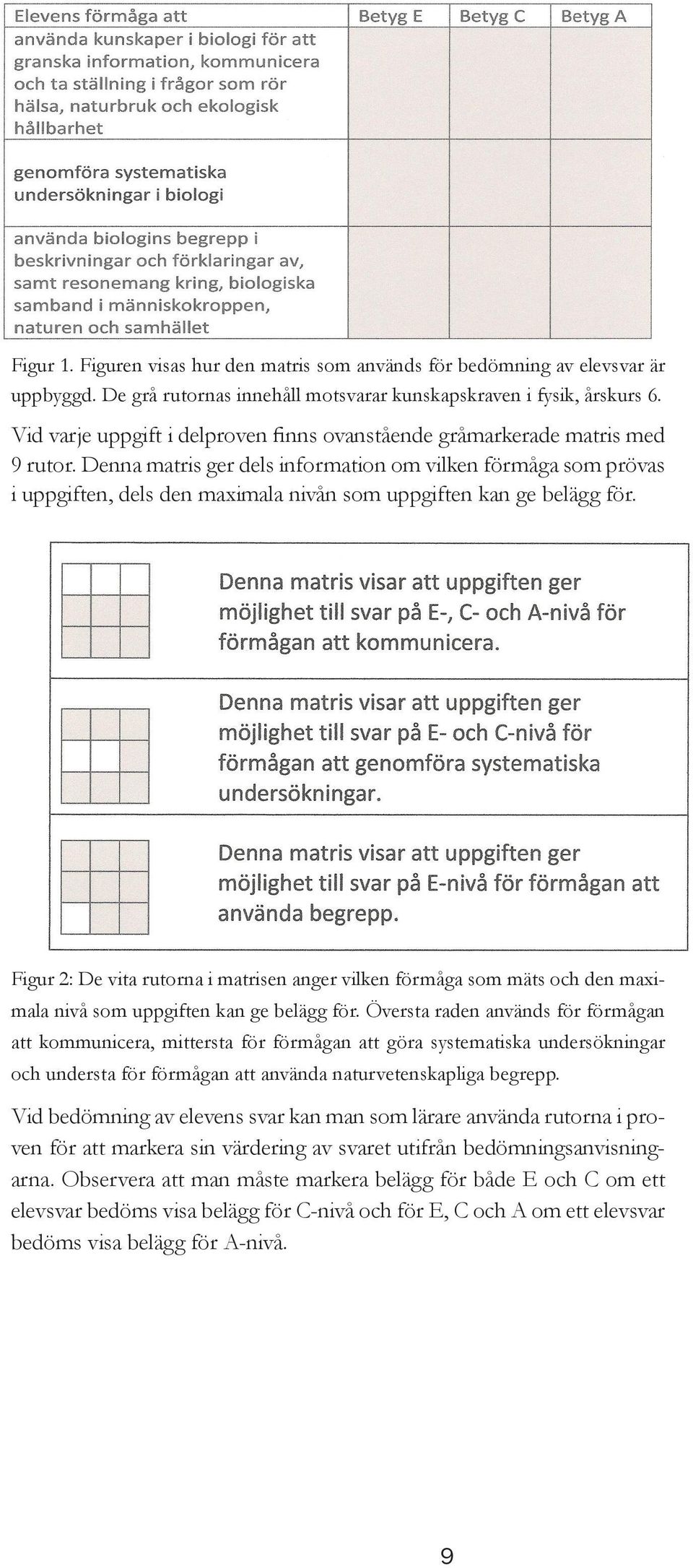 Denna matris ger dels information om vilken förmåga som prövas i uppgiften, dels den maximala nivån som uppgiften kan ge belägg för.