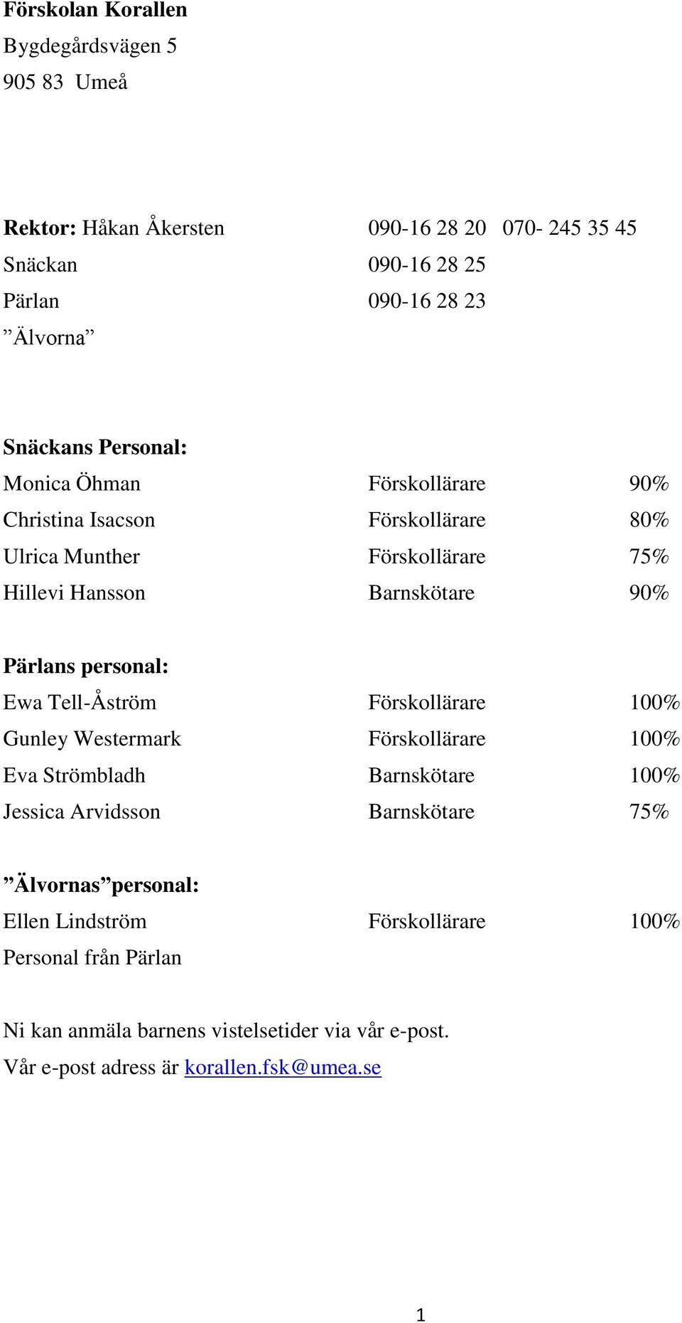 personal: Ewa Tell-Åström Förskollärare 100% Gunley Westermark Förskollärare 100% Eva Strömbladh Barnskötare 100% Jessica Arvidsson Barnskötare 75% Älvornas