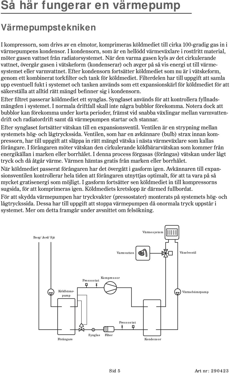 När den varma gasen kyls av det cirkulerande vattnet, övergår gasen i vätskeform (kondenserar) och avger på så vis energi ut till värmesystemet eller varmvattnet.