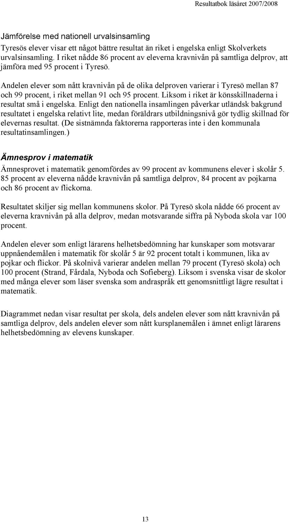 Andelen elever som nått kravnivån på de olika delproven varierar i Tyresö mellan 87 och 99 procent, i riket mellan 91 och 95 procent. Liksom i riket är könsskillnaderna i resultat små i engelska.