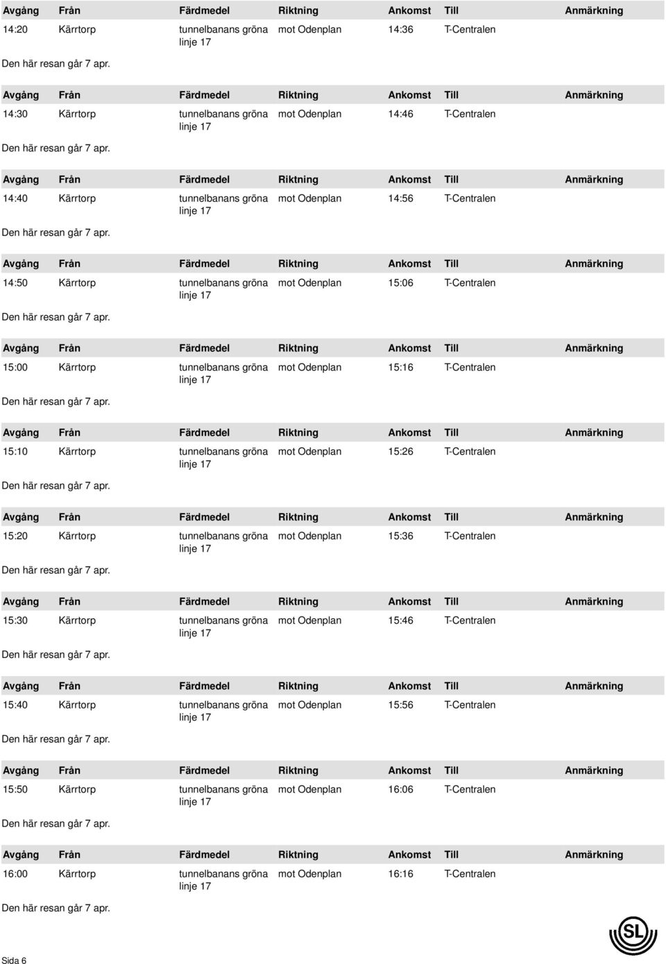 gröna mot Odenplan 15:26 T-Centralen 15:20 Kärrtorp tunnelbanans gröna mot Odenplan 15:36 T-Centralen 15:30 Kärrtorp tunnelbanans gröna mot Odenplan 15:46 T-Centralen 15:40