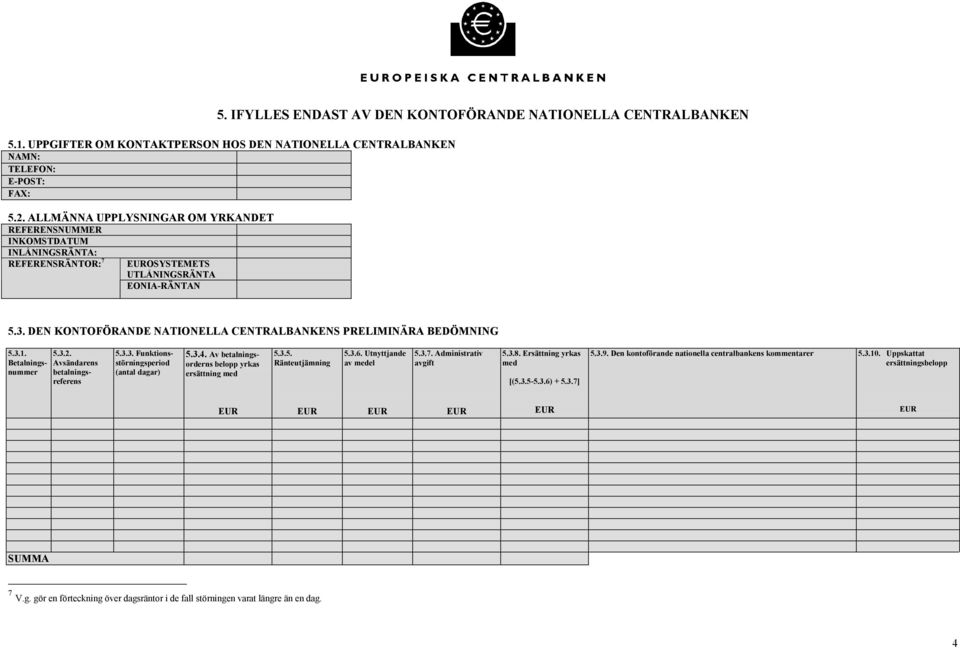 DEN KONTOFÖRANDE NATIONELLA CENTRALBANKENS PRELIMINÄRA BEDÖMNING 5.3.1. Betalningsnummer 5.3.2. Avsändarens 5.3.3. Funktionsstörningsperiod 5.3.4. Av betalningsorderns belopp yrkas ersättning med 5.3.5. Ränteutjämning 5.