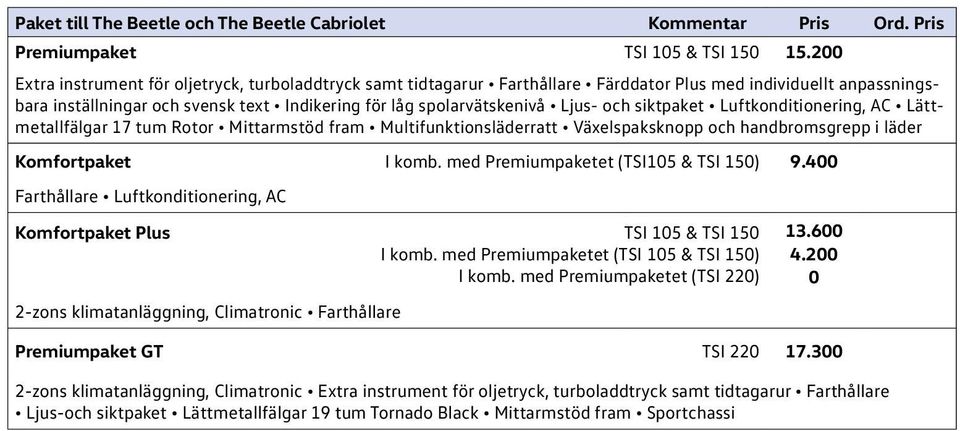 och siktpaket Luftkonditionering, AC Lättmetallfälgar 17 tum Rotor Mittarmstöd fram Multifunktionsläderratt Växelspaksknopp och handbromsgrepp i läder Komfortpaket I komb.