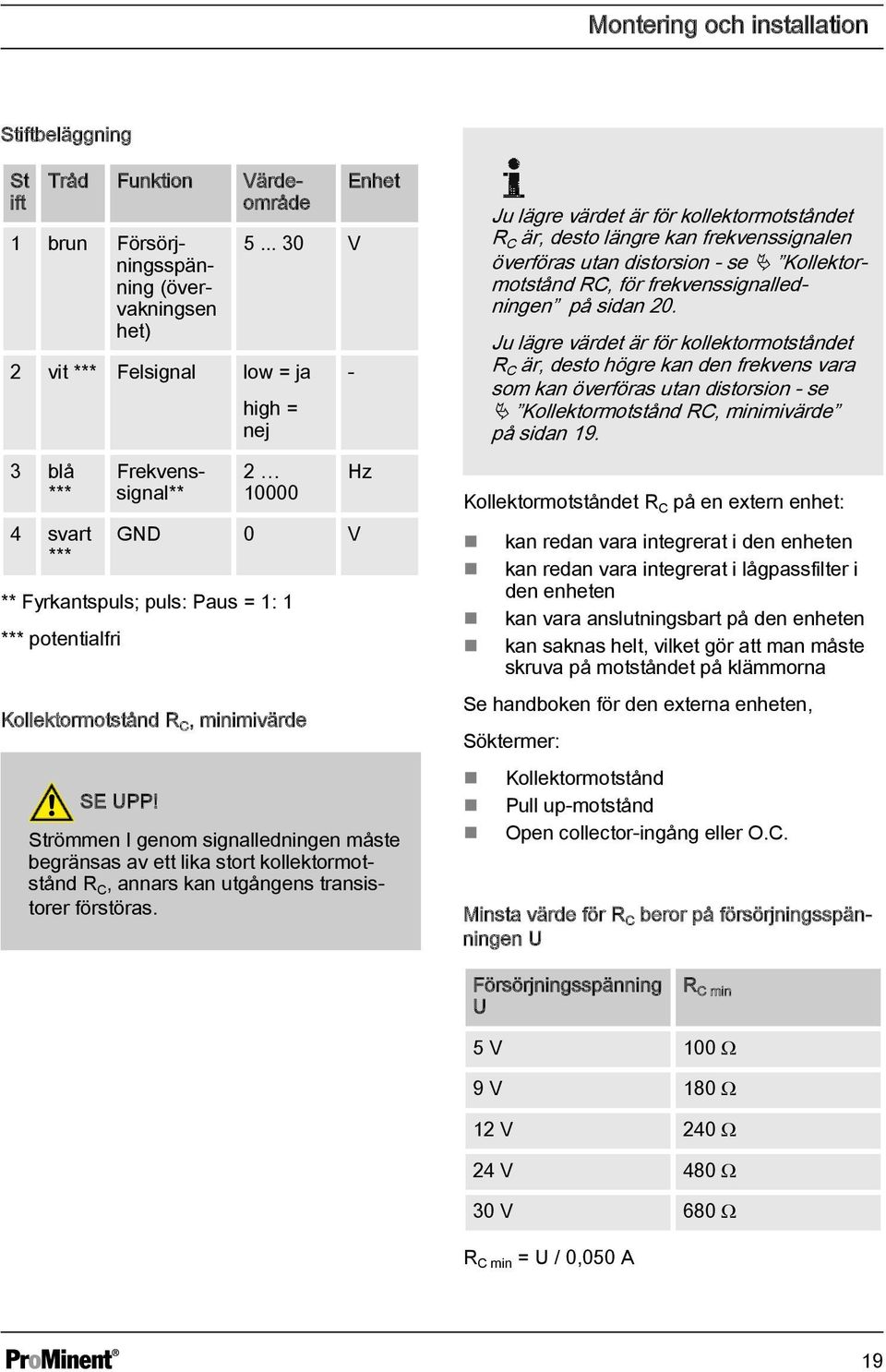 SE U! Strömmen I genom signalledningen måste begränsas av ett lika stort kollektormotstånd R C, annars kan utgångens transistorer förstöras.