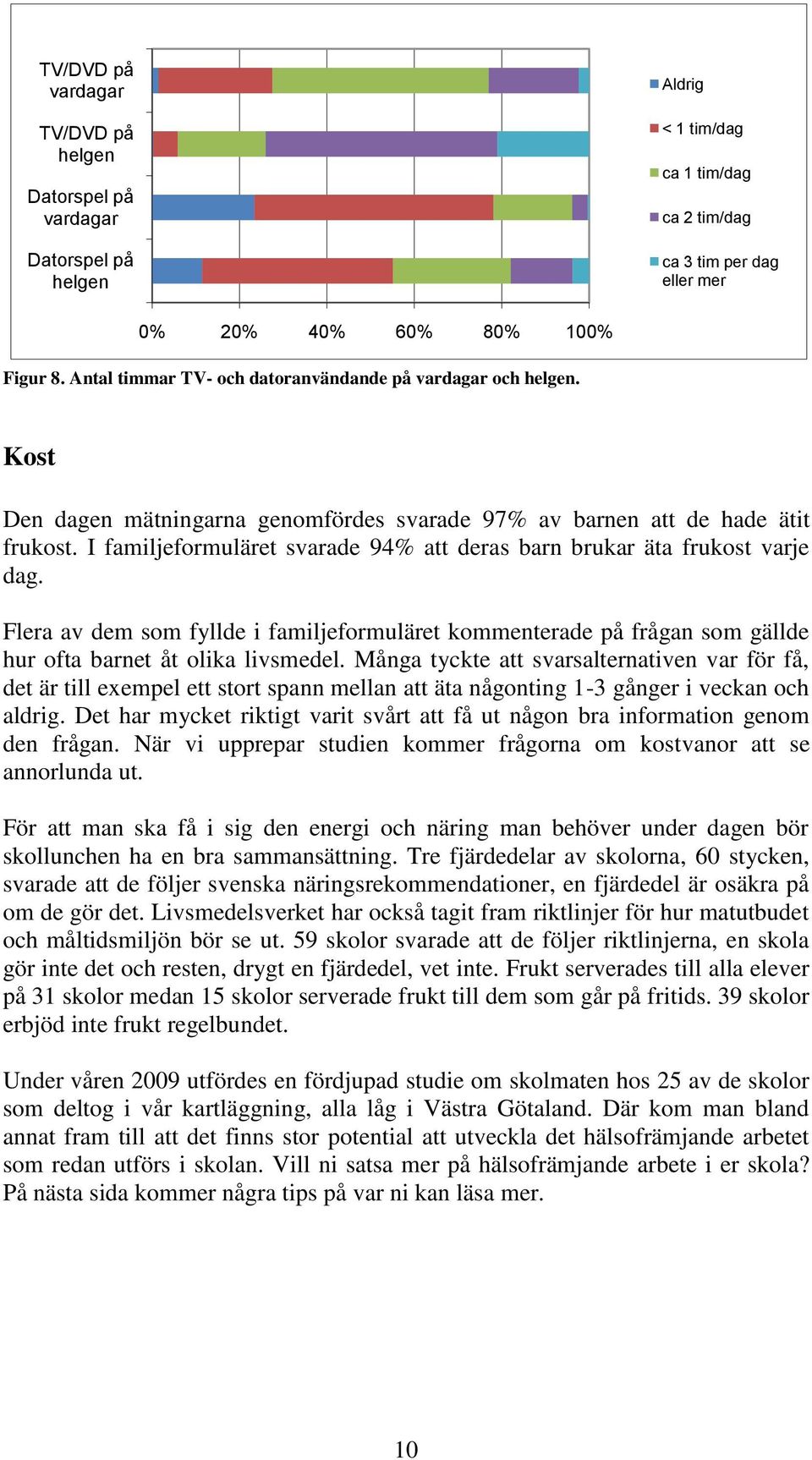 I familjeformuläret svarade 94% att deras barn brukar äta frukost varje dag. Flera av dem som fyllde i familjeformuläret kommenterade på frågan som gällde hur ofta barnet åt olika livsmedel.