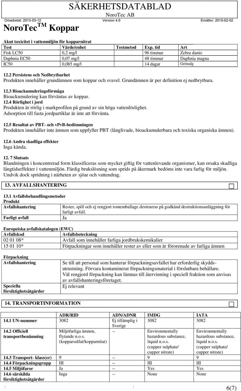 2 Persistens och Nedbrytbarhet Produkten innehåller grundämnen som koppar och svavel. Grundämnen är per definition ej nedbrytbara. 12.3 Bioackumuleringsförmåga Bioackumulering kan förväntas av koppar.