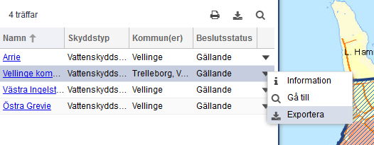 5. I tabellen kan du klicka på vattenskyddsområdets namn för att se mer information och zooma in till området på kartan (se bilder nedan): 6.