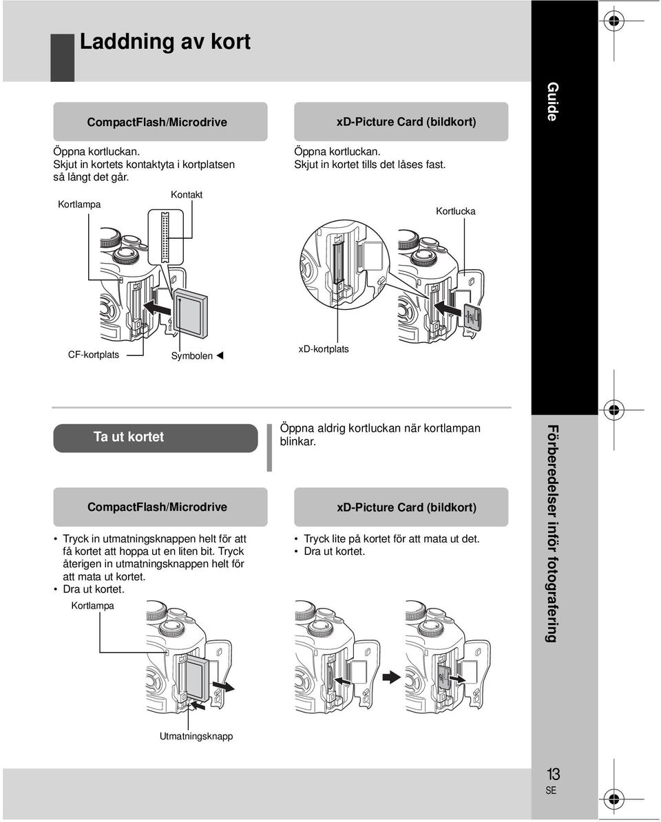 Kortlucka CF-kortplats Symbolen xd-kortplats Ta ut kortet CompactFlash/Microdrive Tryck in utmatningsknappen helt för att få kortet att hoppa ut en liten bit.