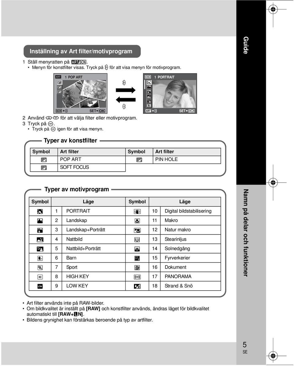 b T Typer av konstfilter Symbol Art filter Symbol Art filter j POP ART l PIN HOLE k SOFT FOCUS Typer av motivprogram Symbol Läge Symbol Läge I 1 PORTRAIT q 10 Digital bildstabilisering L 2 Landskap J